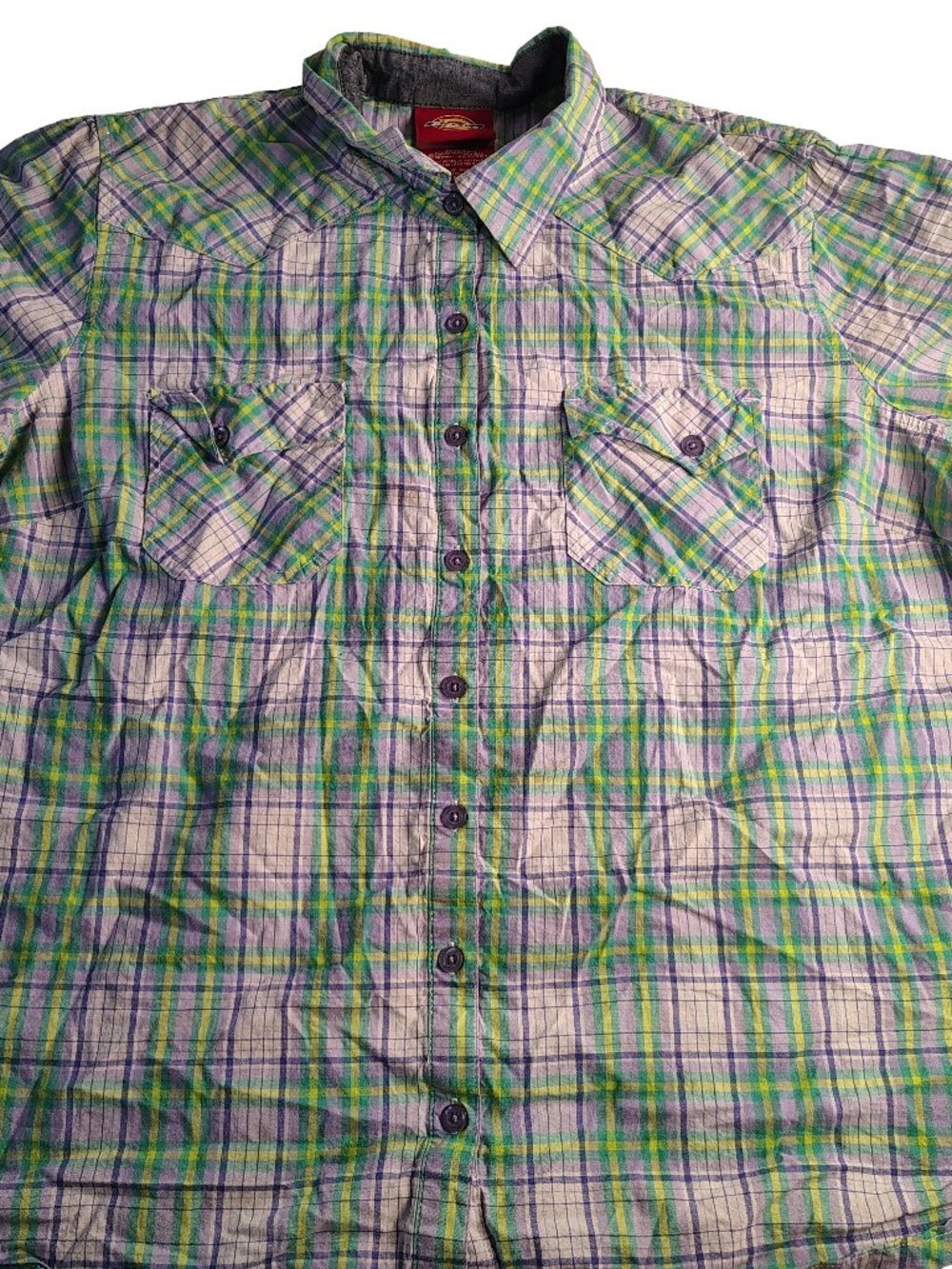 Men's XL Green & Purple Checkered Short Sleeve Dickies Button-Down Dress Shirt